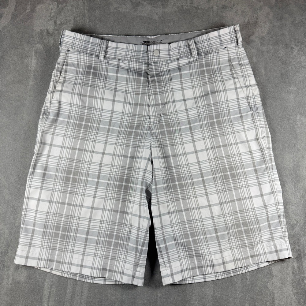 Nike Golf Shorts Mens 34 Grey White Plaid Dri-FIT Stretch Performance